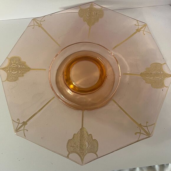 Art Deco Pink Depression Glass Pedestal Cake Plate with Gold Accents - Picture 2 of 4